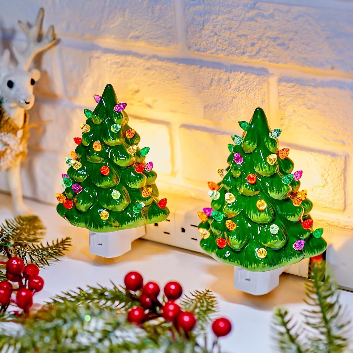 Brightown Ceramic Christmas Tree Night Light - 2 Pack 6" Christmas Decorative Ceramic Tree with ON/Off Switch, Vintage Christmas Night Light for Bedroom Bathroom Porch Holiday Decor