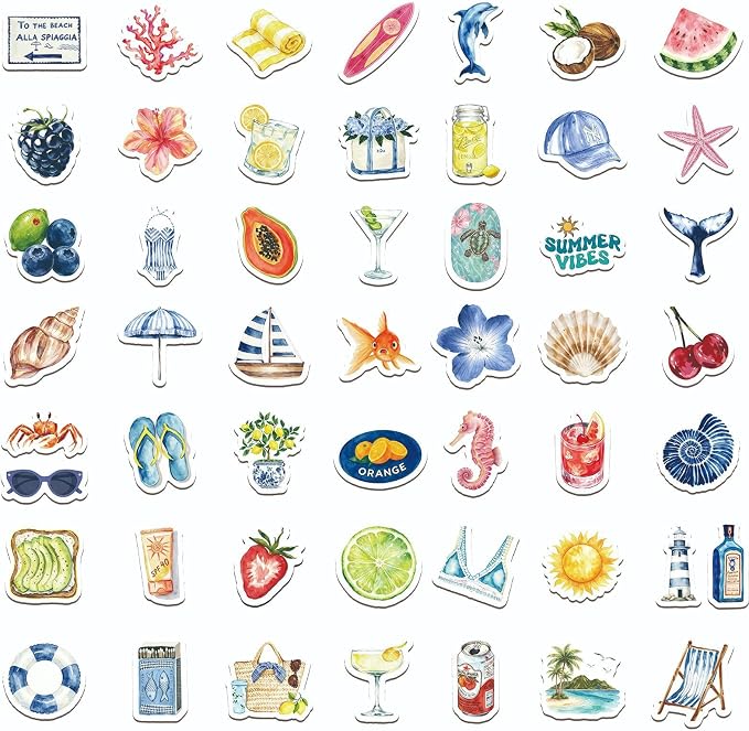 50 Pcs Watercolor Summer Beach Stickers, Tropical Ocean Fruit Sea Creature