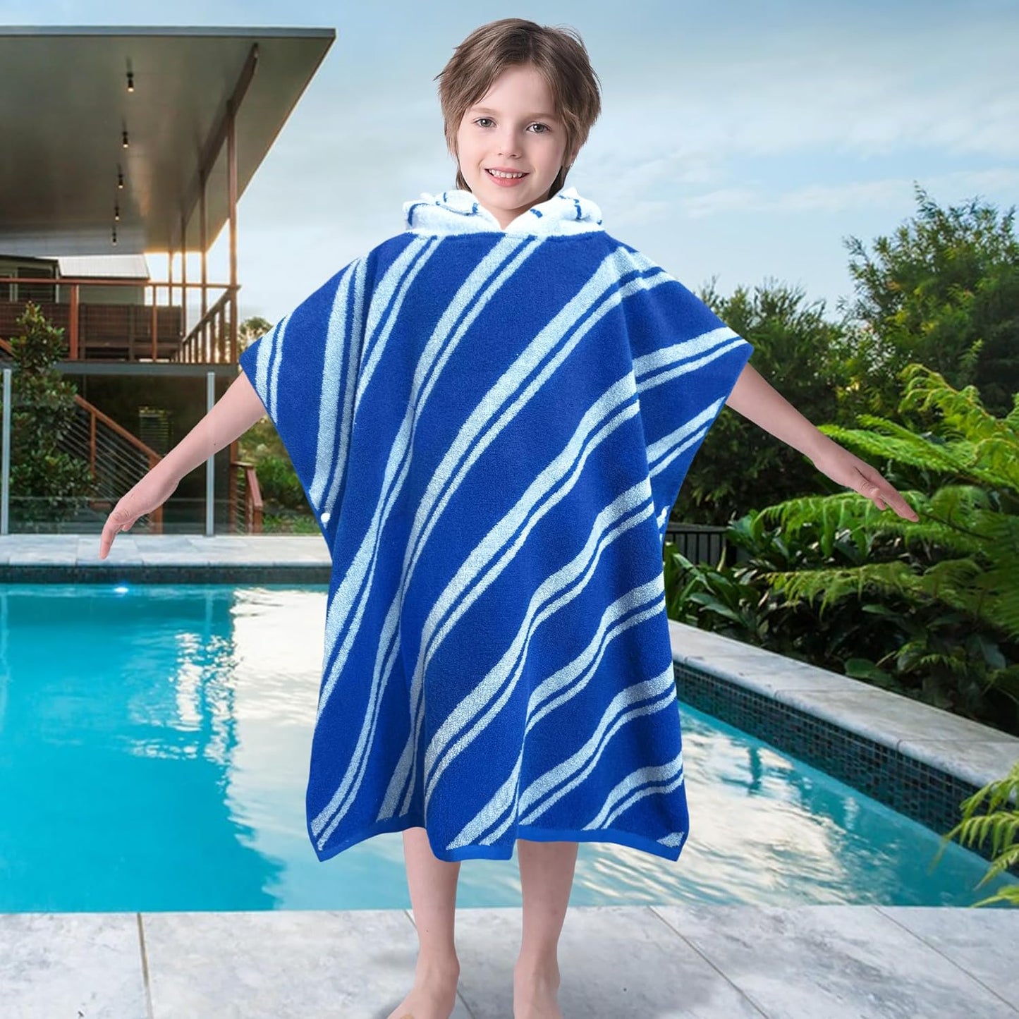 VOOVA & MOVAS Kids Hooded Poncho Towels (4-8Years,27.5"x27.5"),100% Cotton Soft Absorbent Towel for Boys,Perfect for Bathroom | Pool | Beach | Swimming, Jacquard Blue Stripe