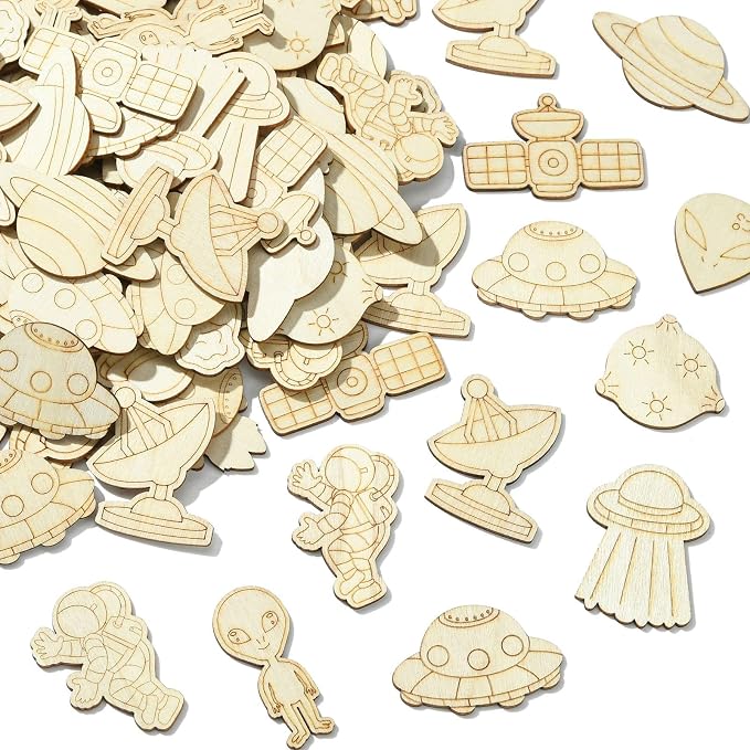 100 pcs Mixed Styles Universe Theme Unfinished Wooden Cutout Charms Alien