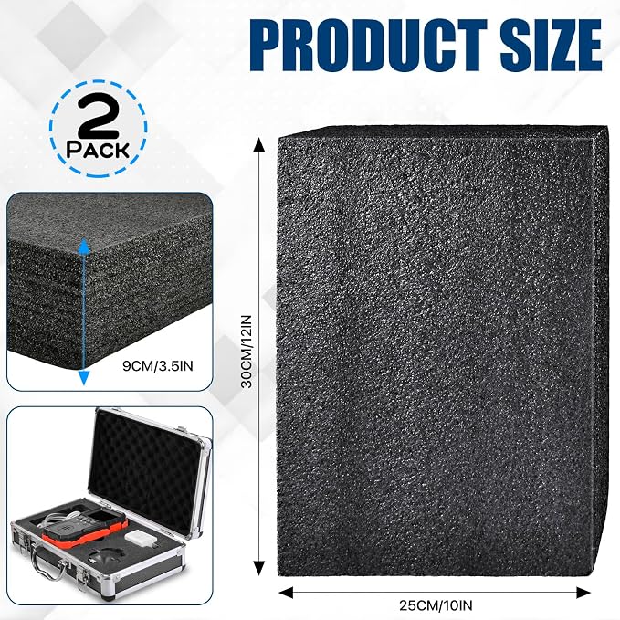 2 PCS Polyethylene Foam Block 12 x 10 x 3.5 In Black Packing Sheet, Thick Foam
