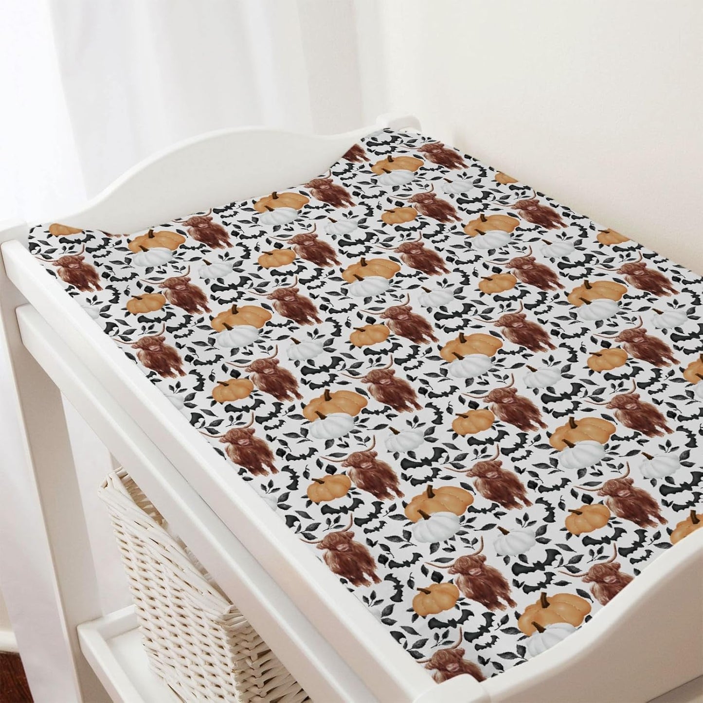 Highland Cows Pumpkin Leaves Baby Changing Pad Covers Highland Yak Halloween Bats Diaper Changing Table Sheets for Girl Boy Autumn Fall Soft Breathable Stretch Change Table Mats 32''x16''