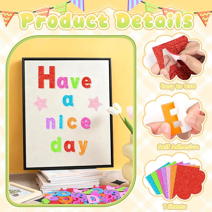 Glitter Foam Letter Stickers 469 Pcs Self-Adhesive Uppercase & Lowercase ABC