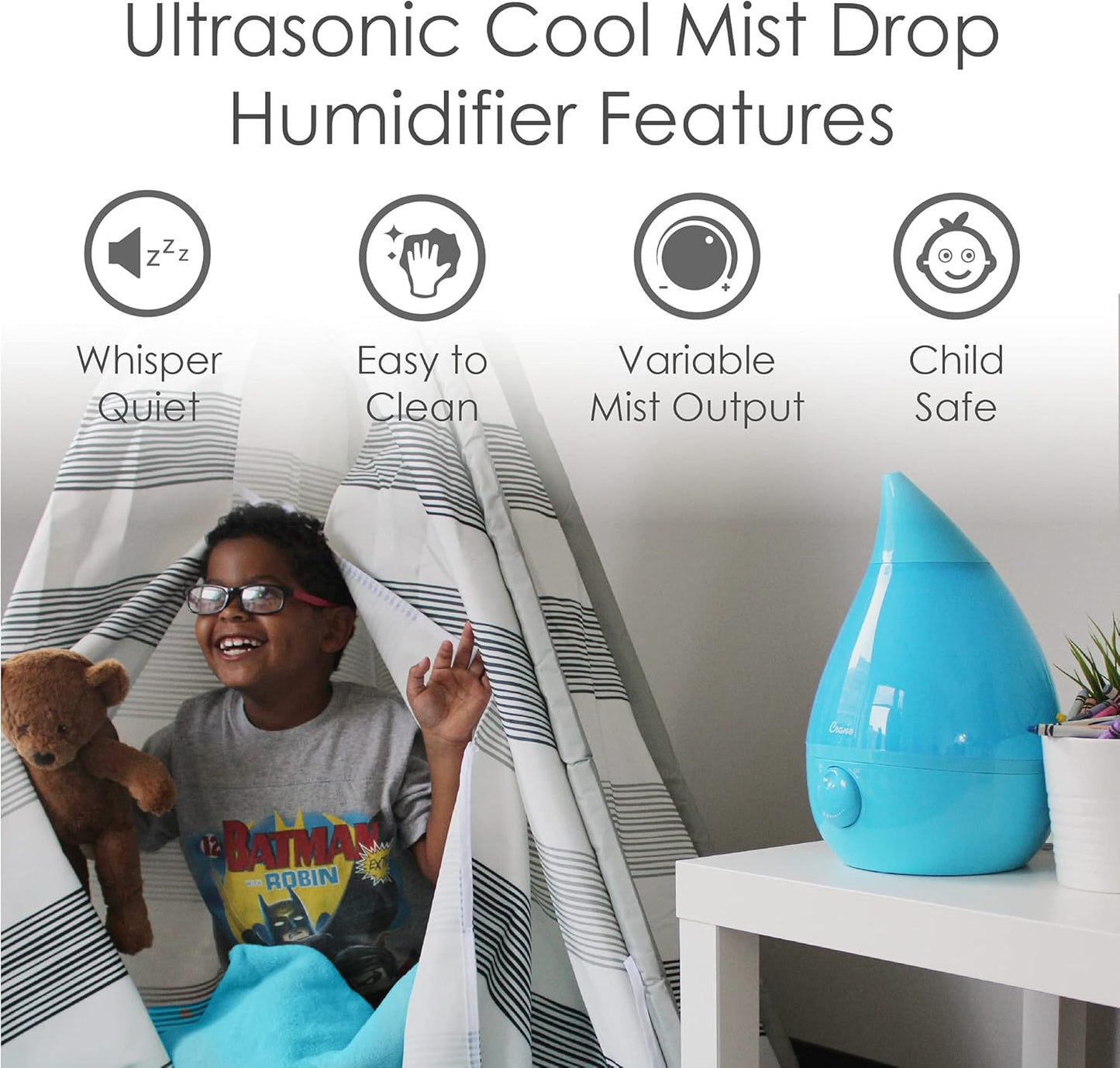 Crane Ultrasonic Cool Mist Humidifier for Bedroom, Baby Nursery, Kids Room, Plants, or Office, Large 1 Gallon Tank, Filter Optional, Aqua