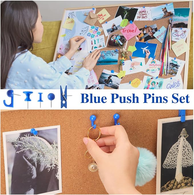 BESARME 200 Pcs Push Pins for Bulletin Board, Thumb Tacks for Cork Board | Blue