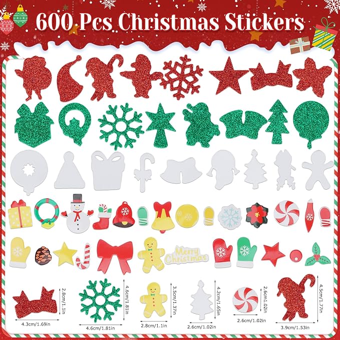 Coopay 600 Pcs Christmas Foam Stickers, Self-Adhesive Glitter Foam Stickers