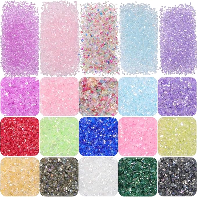 15 Colors Transparent Crushed Glass Chips 225g/7.9oz, 2-4mm Shiny Irregular