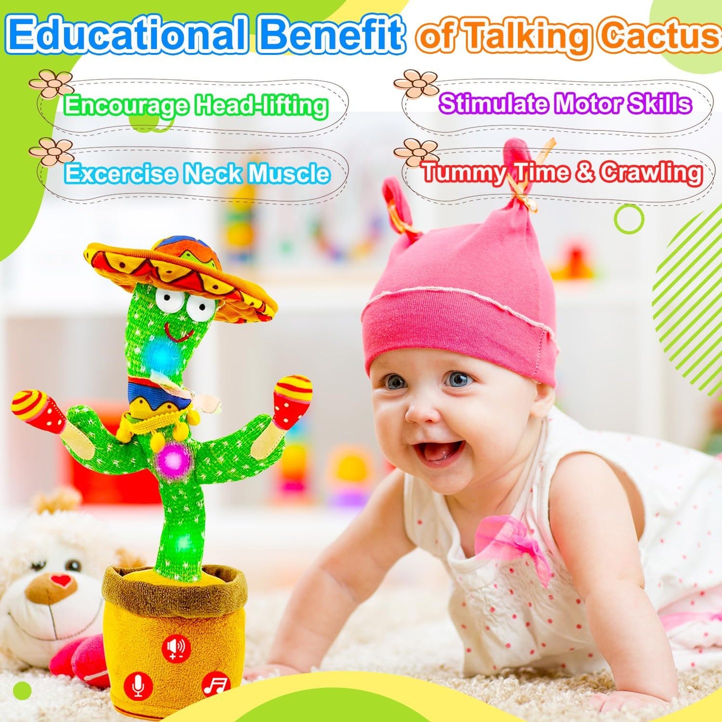 Rechargeable Dancing Talking Cactus Toy w/Volume Adjustable, Cactus Baby Toy Repeat What You Say, Baby Toys for Boys Girls, Singing Mimicking Cactus Toy, Birthday or Chirstmas Gifts for Grandkids