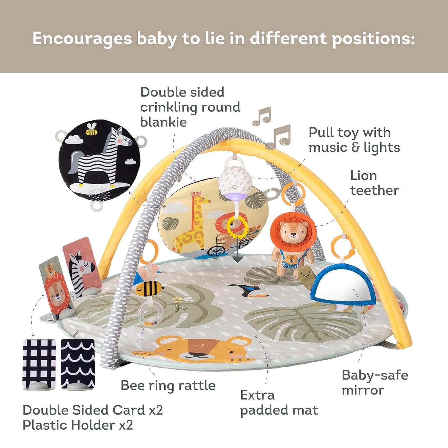 Taf Toys Savannah 360° Activity Gym with Music & Light & 20 Playful Activities, Thickly Padded with Soft Mat and a Unique “Crinkle Toy” for a Variety of Body Positioning for Newborn and Up
