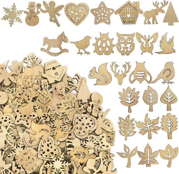 DIYOMR 200Pcs Hollow Wood Pieces Unfinished Wooden Vintage Embellishments