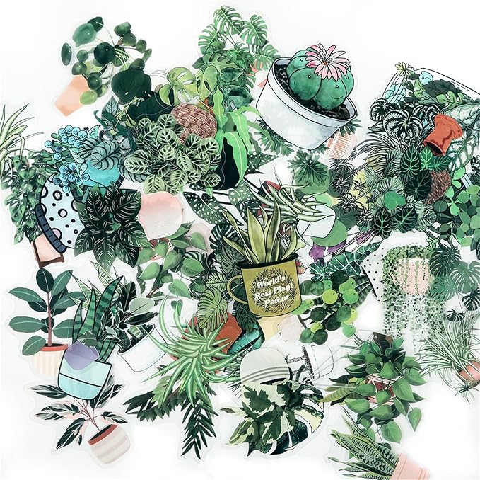 50PCS Green Plant Transparent Stickers, Potted Plant Floral Decals Stickers
