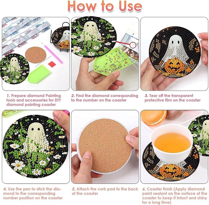 8 Pcs Halloween Diamond Art Coasters Kits