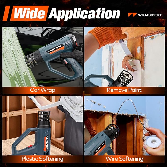 WRAPXPERT Heat Gun for Vinyl Wrap with Digital LCD 2000W 122℉-1202℉（50℃- 650℃) Hot Air Gun Variable Temperature Control Memory Function for Car Wrap, Crafts, Shrinking Tubing, Stripping Paint