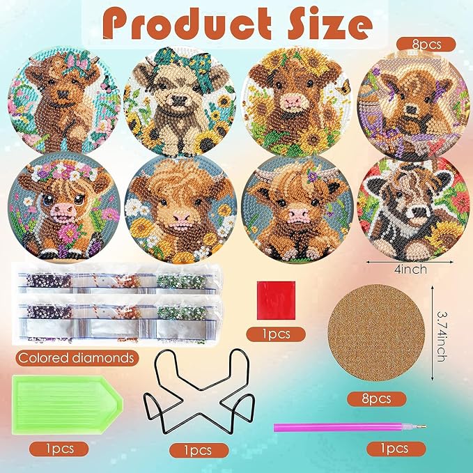 ijbnhd 8 Pack Highland Cow Diamond Art Coasters Kits | Cow Diamond Painting