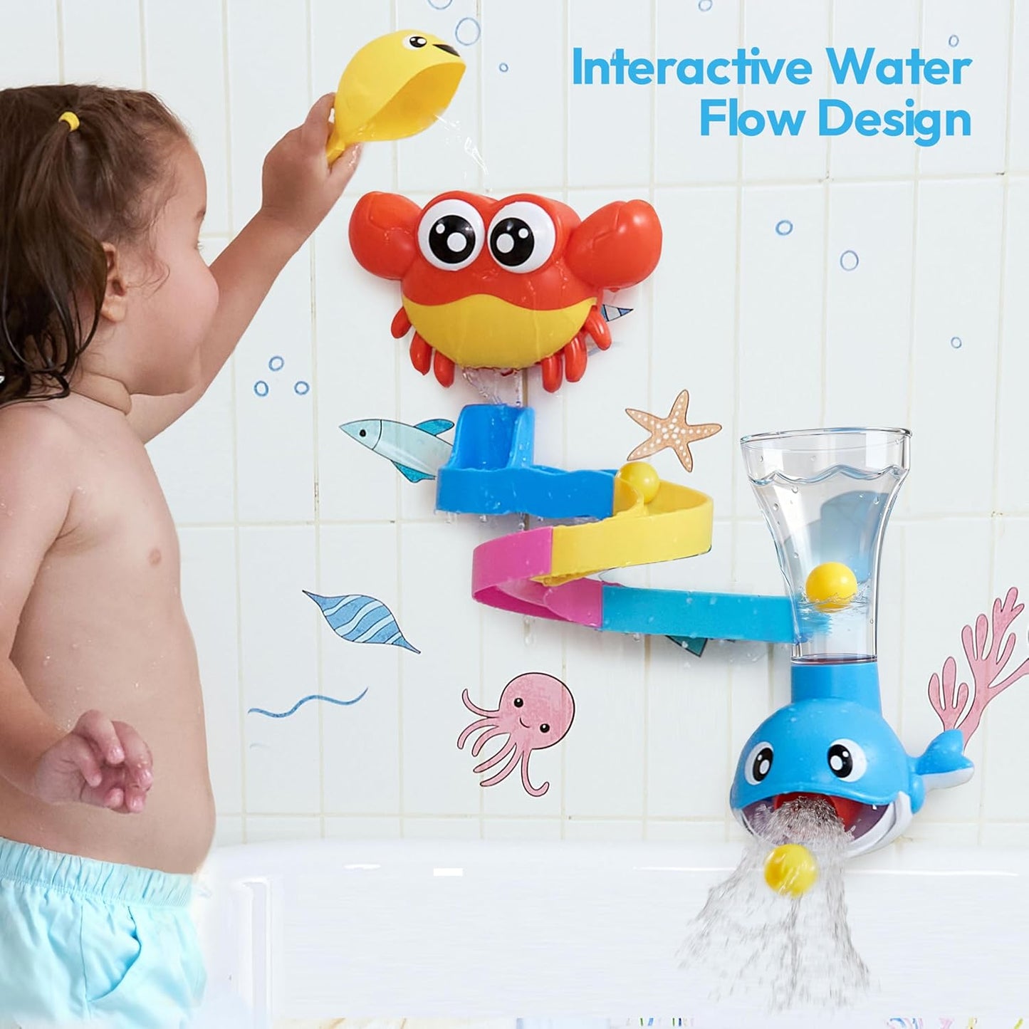 Bath Toys for Kids, 7-in-1 Shower Bathtub Toy with Crab, Whale, Rotating Fish & Slide Track, Interactive Water Play Set with Pour & Spray Fun for Toddlers, Boys & Girls Gifts for Christmas
