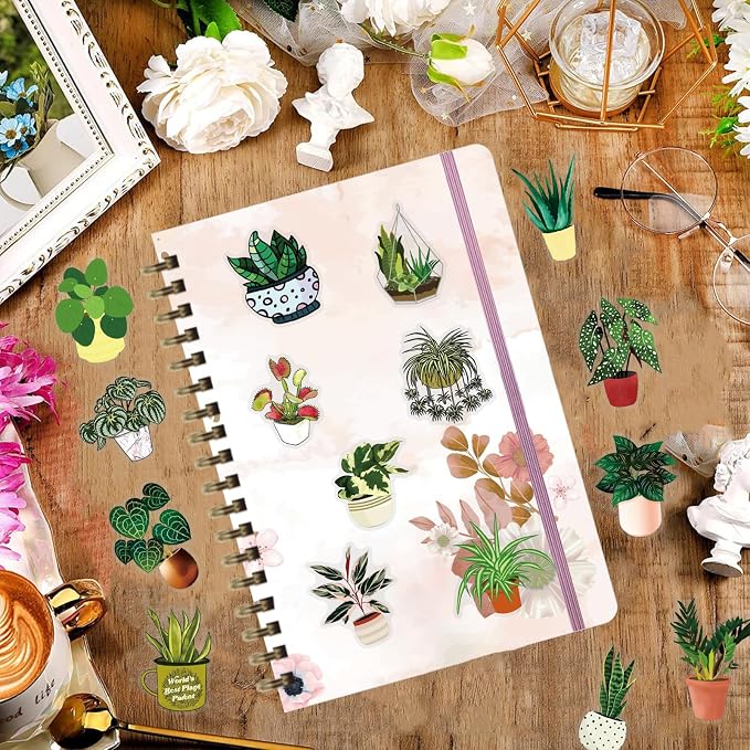 50PCS Green Plant Transparent Stickers, Potted Plant Floral Decals Stickers