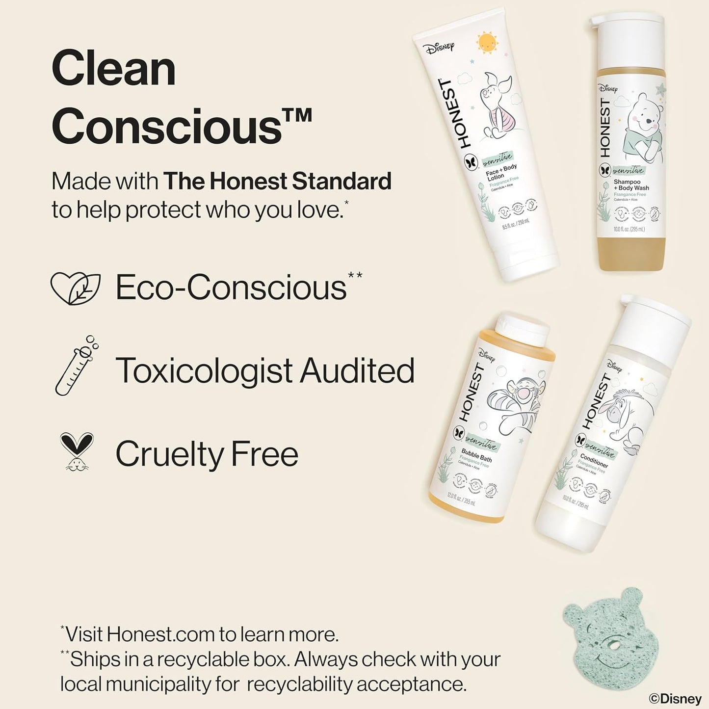 The Honest Company Fragrance Free Bathtime Gift Set + Disney Design | Hypoallergenic Bath Essentials for Sensitive Skin | Shampoo + Body Wash, Face + Body Lotion, Bubble Bath, Conditioner, Sponge