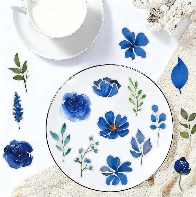 50PCS Blue Watercolor Flower PET Stickers, Waterproof Botanical Stickers