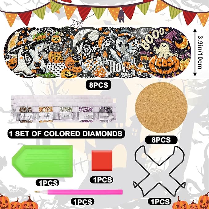 Axquilon 8 Pcs Halloween Diamond Art Coasters Kit