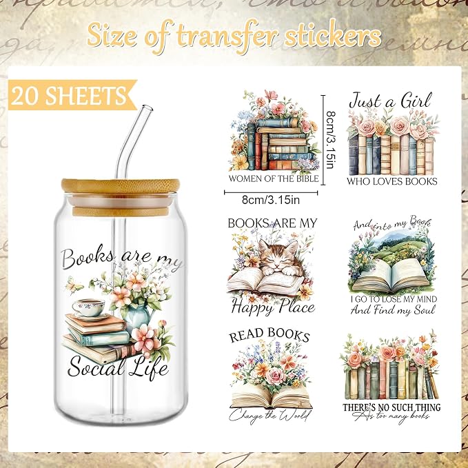 Rngmsi 20 Sheets Reading Books UV DTF Cup Wrap Cold UV DTF Transfer Sticker |