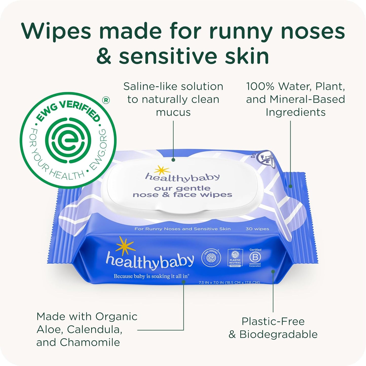 HealthyBaby Our Gentle Nose & Face Wipes | EWG Verified Safe | Soothing for Runny Noses & Sensitive Skin | Plastic-Free, Fragrance Free, Totally Chroline Free (6 boxes, 360 wipes)