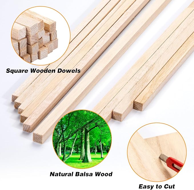 180Pcs Balsa Wood Sticks, Hardwood Square Dowels Unfinished Wooden Strip | 1/8