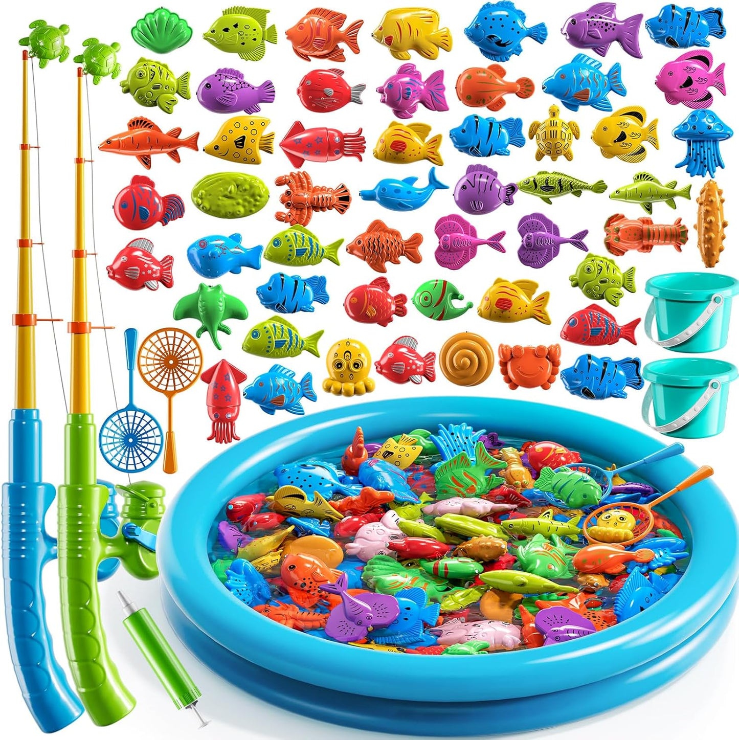 TEMI Magnet Fishing Game for Kids 4-8, Fish Toys for Kids 3-5, Bathtub Floating Fishing Pole, Water Table Pool with Rod Net, Summer Water Play Indoor and Outdoor, Gifts for Holiday for Boy and Girls