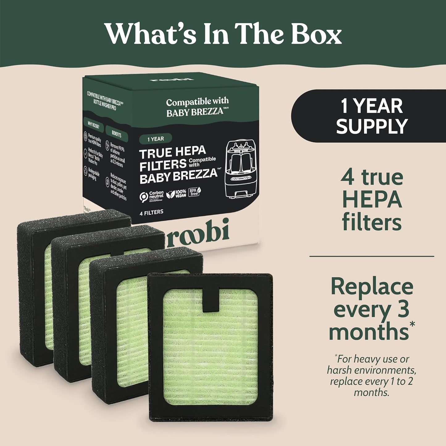 Roobi Hepa Filters Compatible with Baby Brezza. Specially Formulated for Washer Pro. 4 Carbon Neutral Replacement Pack.