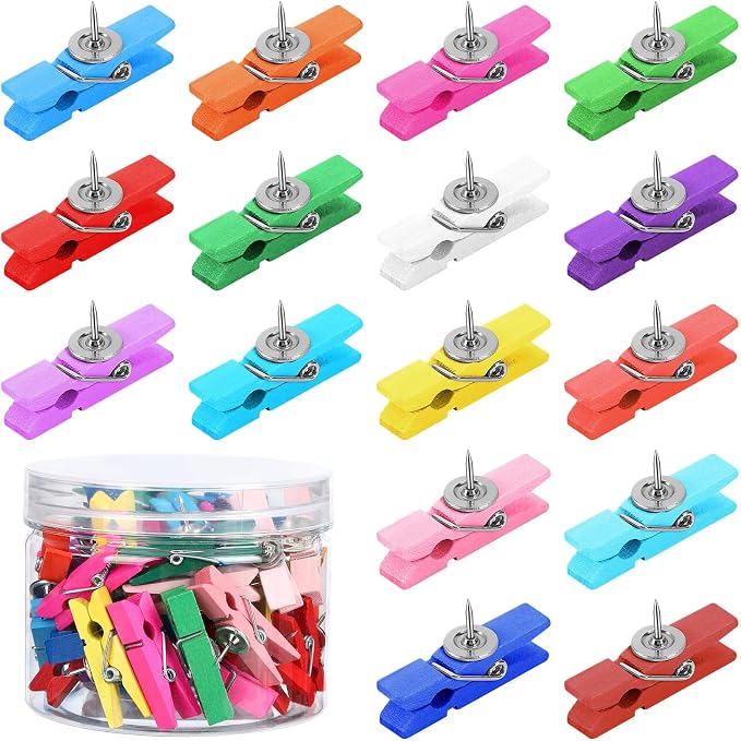 SANNIX 50Pcs Wooden Push Pin Clips, Bright Thumb Tack Clips