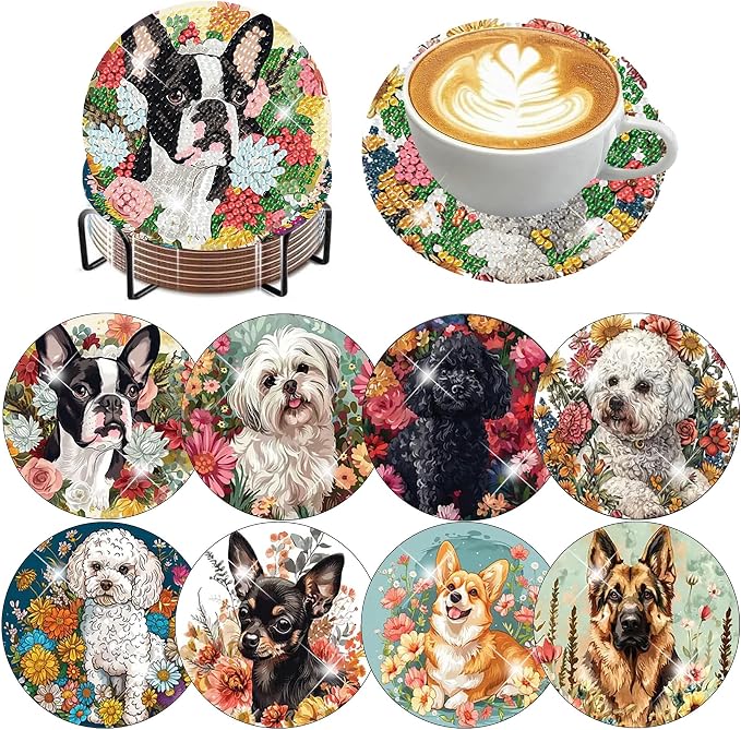 8 Pack Diamond Art Coasters, Dog Flowers Diamond Painting Coasters Kits | Dog