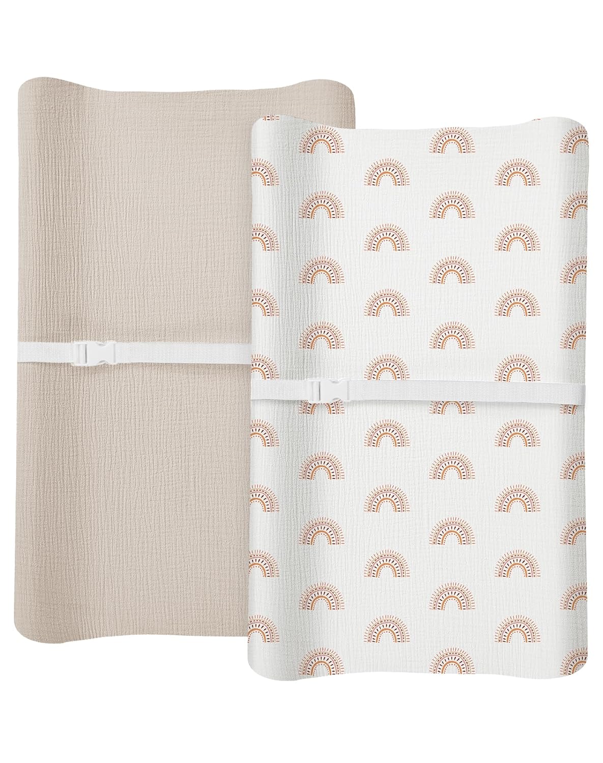 Changing Pad Cover for Baby Boy Girl 2 Pack, Muslin Changing Table Pad Covers with Boho Style, Neutral Nursery Bedding Essentials Soft and Breathable(Beige & Rainbow)