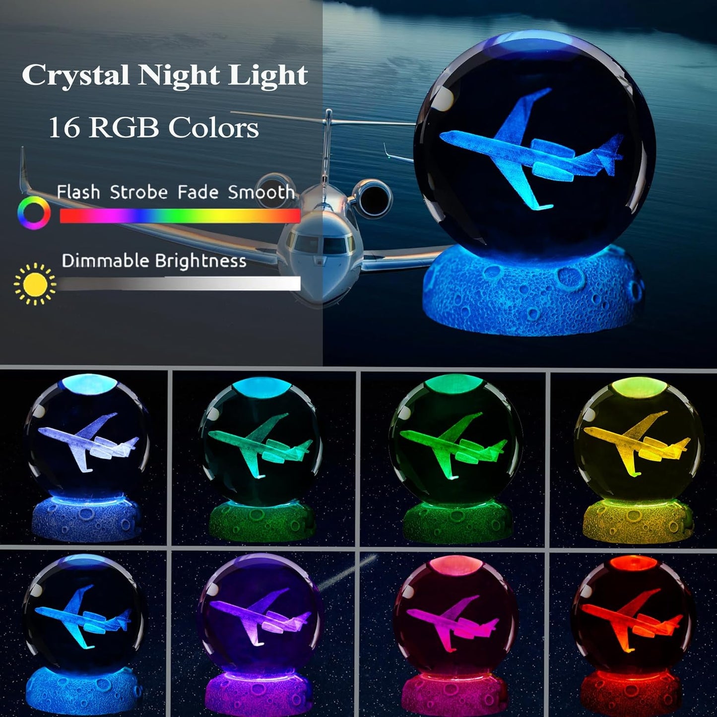 Planes Night Light, Aviation Gifts, 3D Crystal Ball 3.15 Inch (80mm) Airplane Night Light with Remote, Pilot Lamps with 16 Color for Birthday Xmas Cool Figurines Gifts for Room Decor Boys Girls