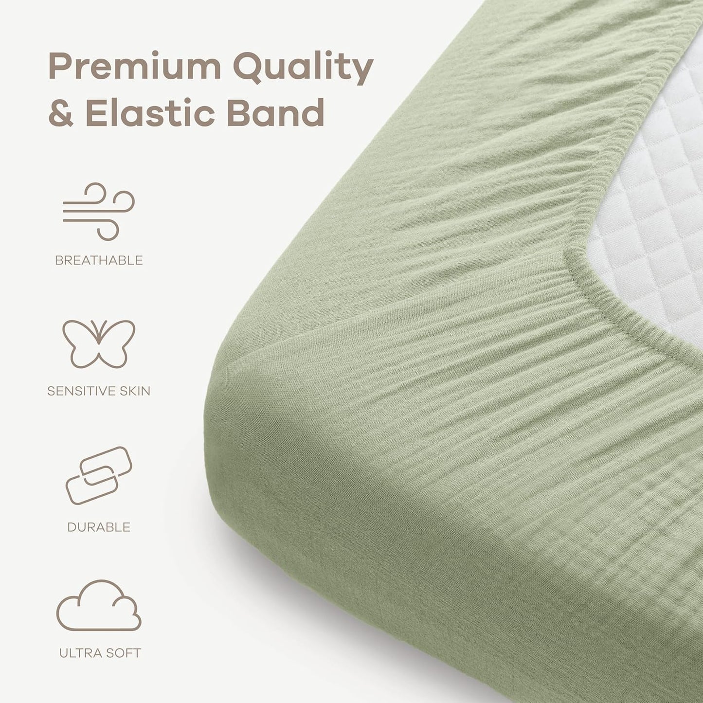Comfy Cubs 100% Muslin Cotton Fitted Crib Sheet - Soft, Standard & Breathable Crib Sheets for Toddler Mattress - Snug Fit, Secure Elastic with Beautiful Packaging for Boys & Girls - Sage