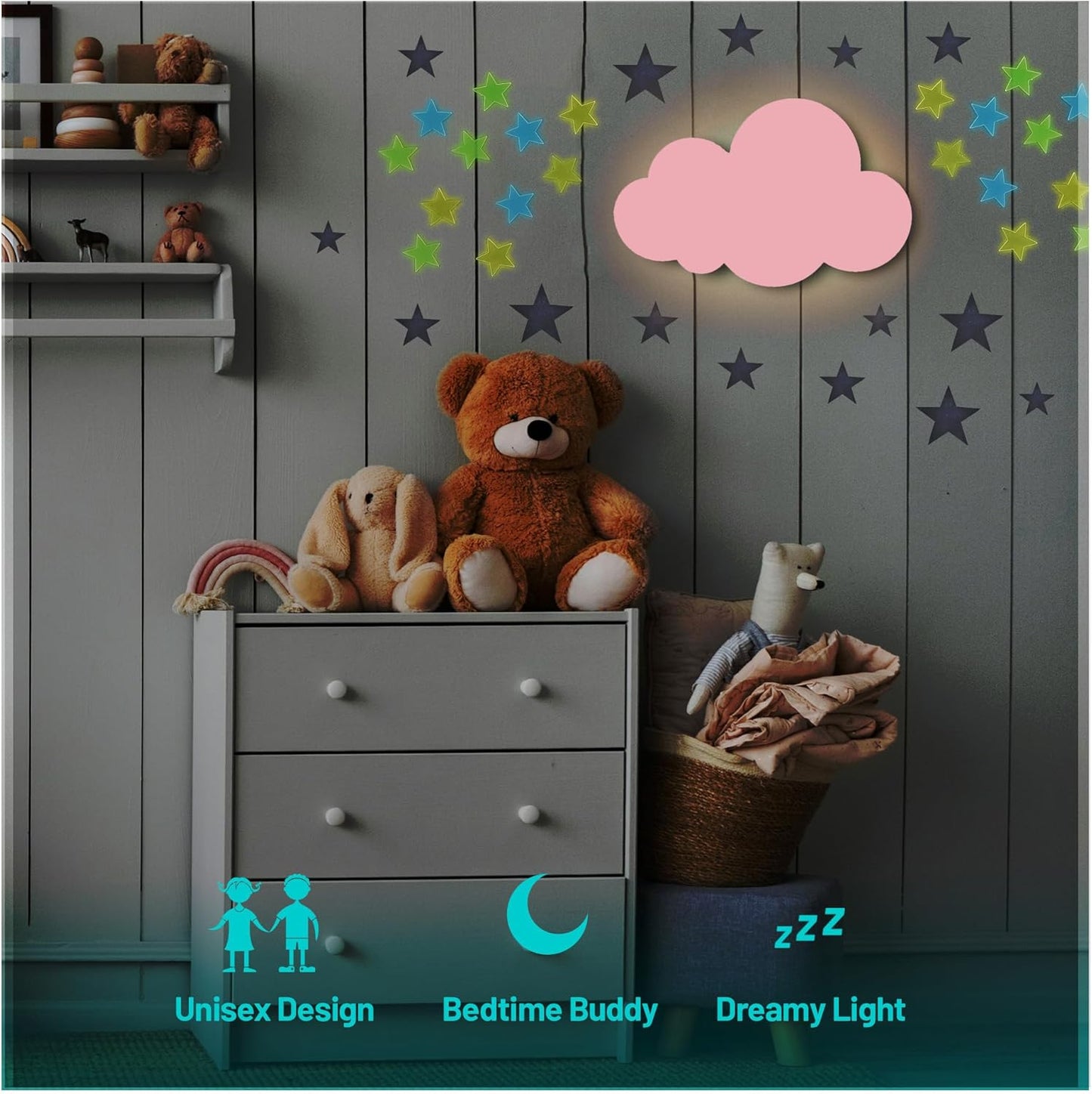 Cloud Lights - Nursery Decor Cloud Lamp, Rechargeable Baby Lamps with Remote, Hanging Lamp for Nursery, Kids Night Light with Timer & Touch Control (Pink)