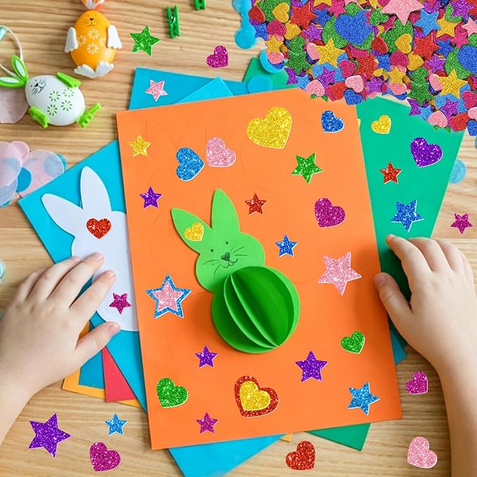 1000PCS Glitter Foam Stickers, Colorful Heart & Star Stickers, Self-Adhesive
