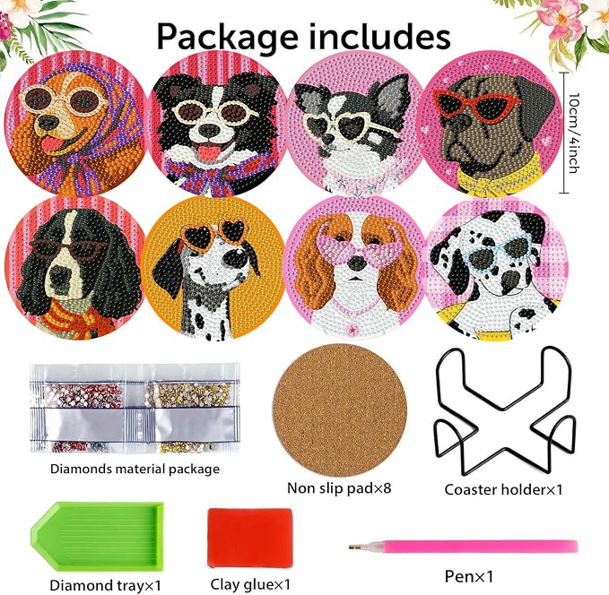 8 Pack Diamond Art Coasters, Funny Dog Diamond Painting Coasters Kits | Dog