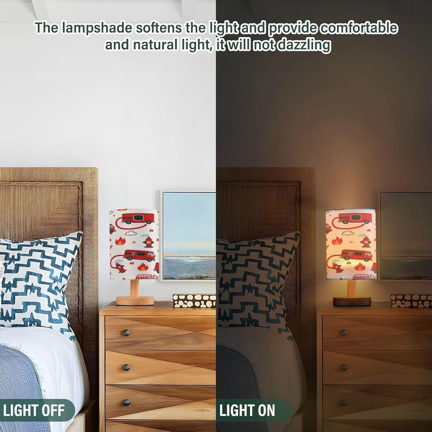 Firefighter Fire Truck Table Lamp for Bedroom Bedside Lamp Desk Lamps Cylinder Nightstand Lamp for Living Room Office Decor