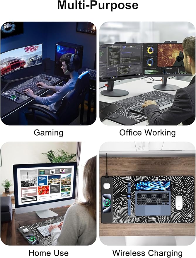 TopMade Mouse Pad with 15W Fast Wireless Charging, 31.5"x15.75" XXL Large Gaming Waterproof Desk Pad with Ultra-Smooth Surface, Non-Slip Base, Computer Desk Mat, Black Topographic Map #1
