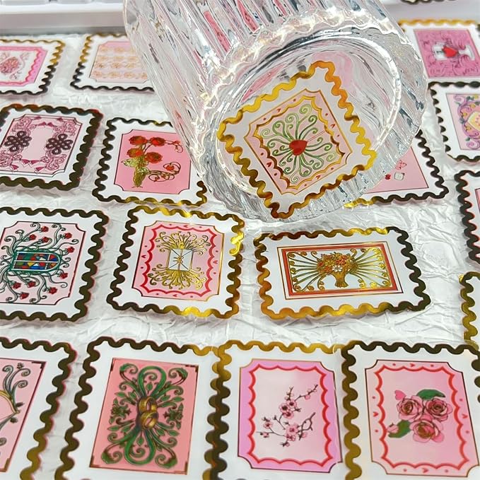 50 Pieces of Gold-Embossed Cartoon Love Stamp Stickers, Suitable