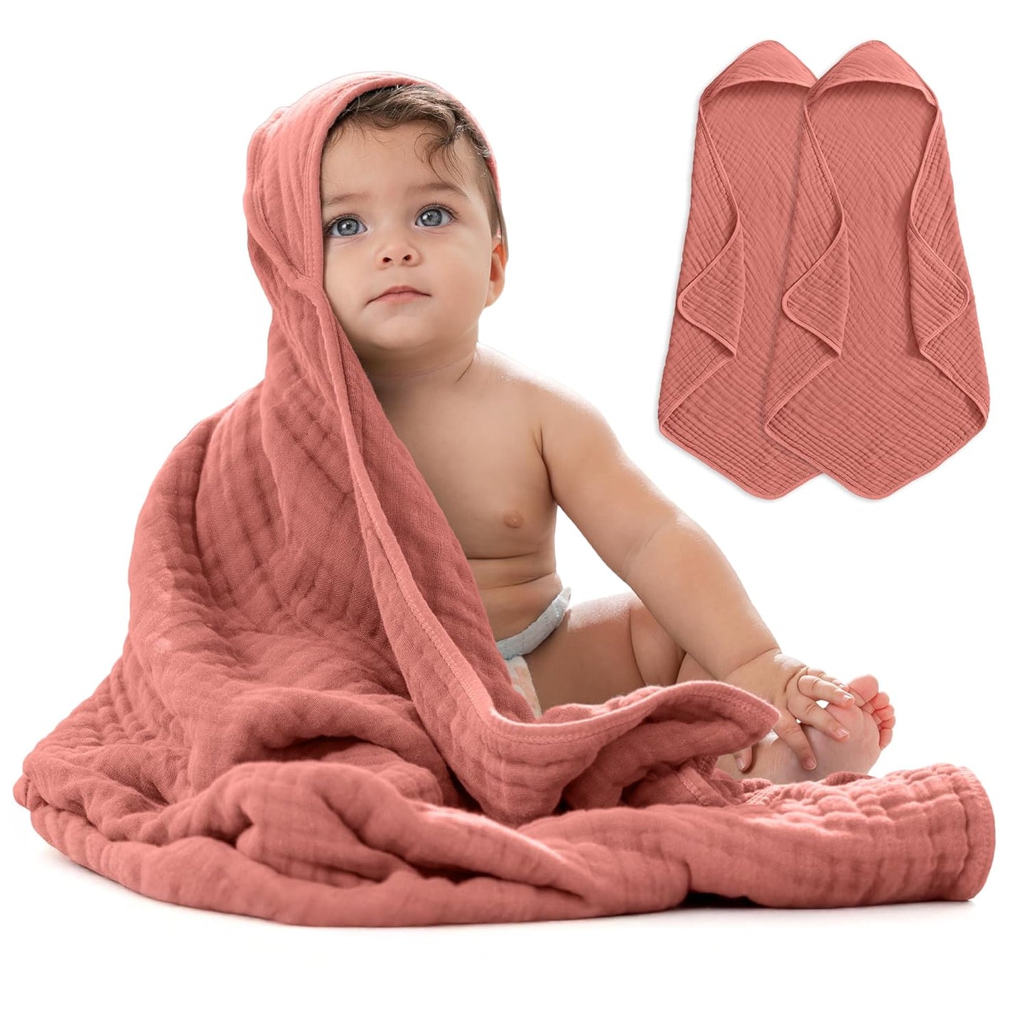 Comfy Cubs Hooded Baby Towel 2-Pack, Large 32 x 32 Inch - 6 Layer 100% Muslin Cotton for Babies, Toddlers and Kids - Soft & Absorbent Baby Bath Towels - Unisex Design for Bath Time - Dusty Rose