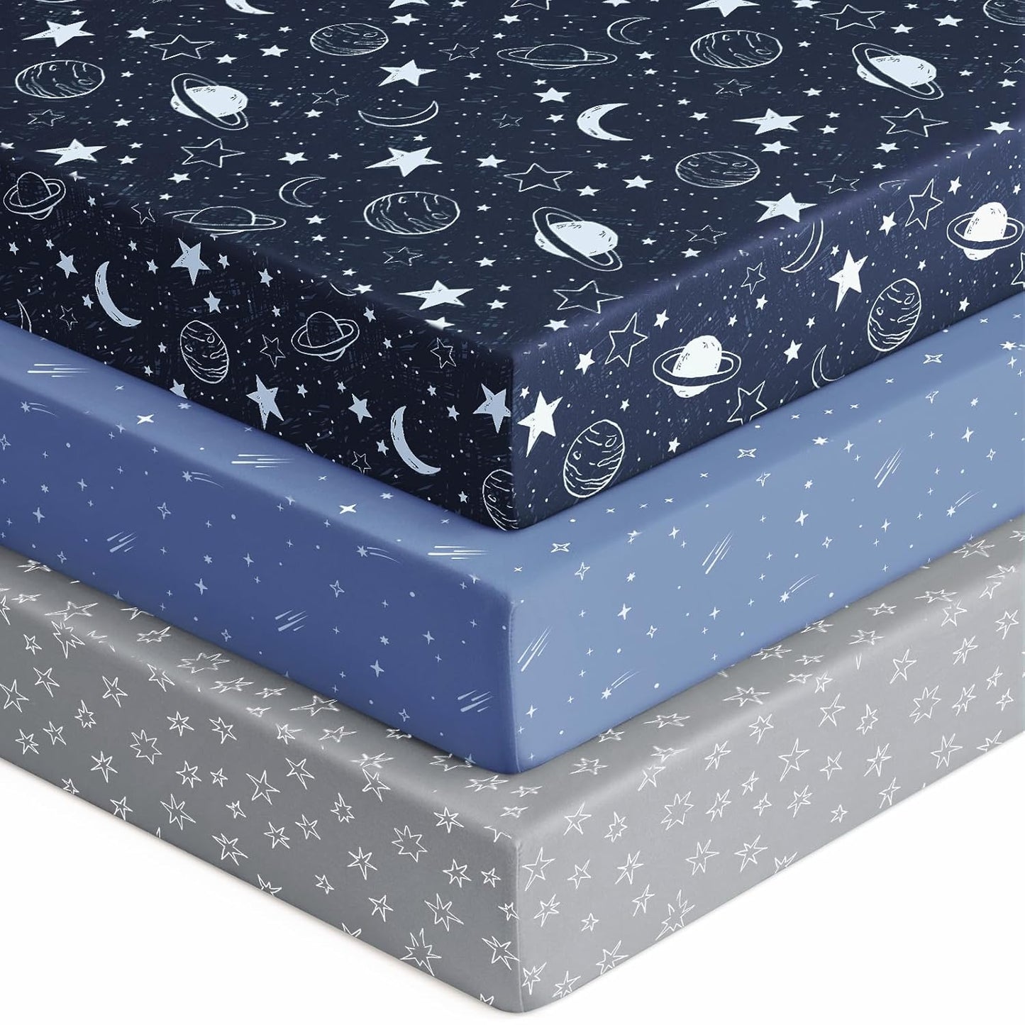 Baby Crib Sheets for Boys Girls, 28x52x8in Fitted Crib Sheet Neutral 3 Pack for Standard Crib and Toddler Mattress, Breathable Soft Microfiber Baby Sheet Blue Gray Planet