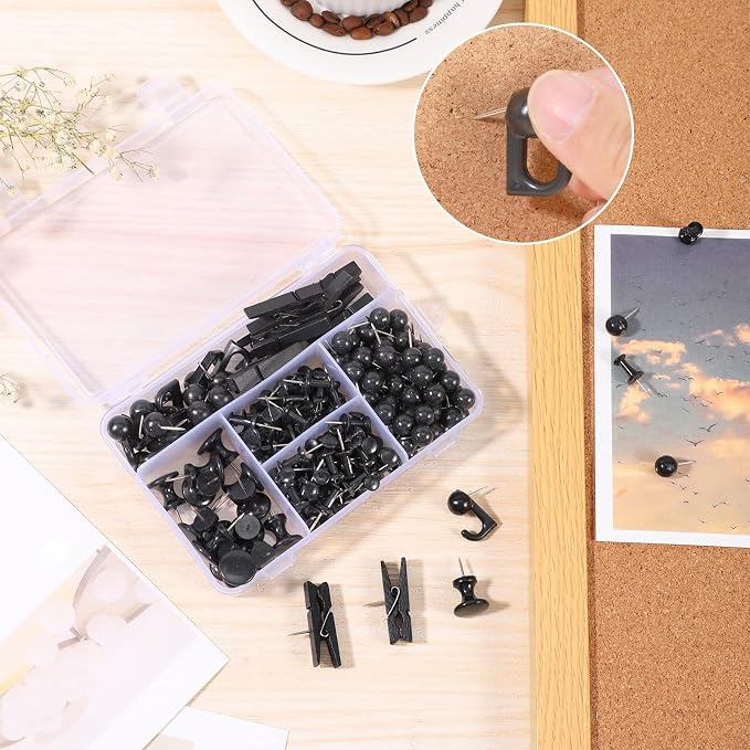 BESARME 200 Pcs Push Pins for Bulletin Board, Thumb Tacks for Cork Board | Black