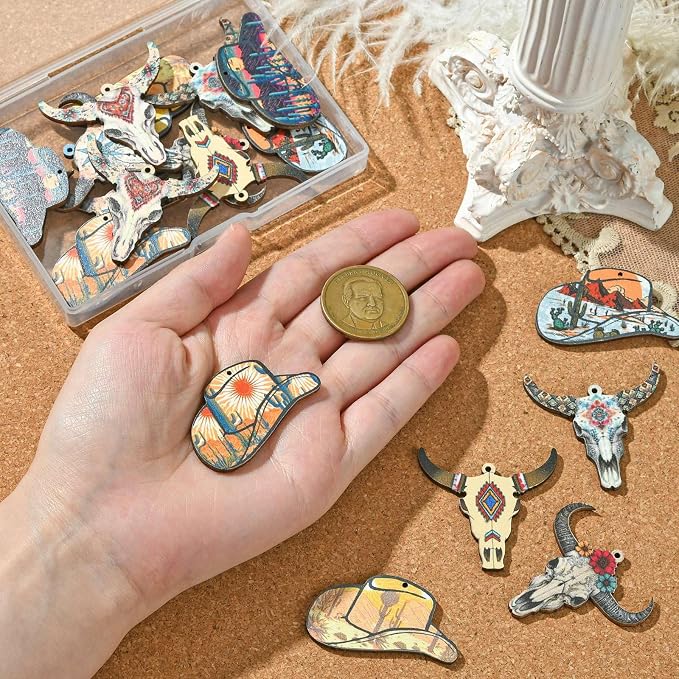 18 pcs 9 Styles Western Cattle Theme Wood Cutout Charms Cow Cap Hat Animal Wood