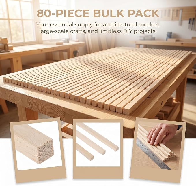 Balsa Wood Strips 80 Pcs, 1/4 x 1/4 x 12 Inch, Unfinished Soft Wood Sticks