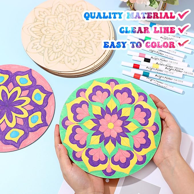 Vercraft 22 Pcs Wooden Mandala Painting Set 10 Mandala Unfinished Wood Cutouts