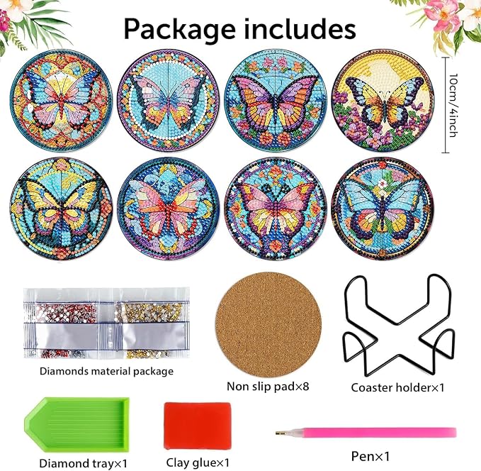 8 Pack Diamond Art Coasters, Butterfly Diamond Painting Coasters Kits |