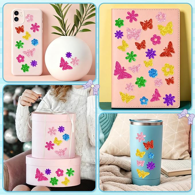 448 Pcs Glitter Foam Stickers, Butterfly & Flower Shapes Stickers, 7 Sheets