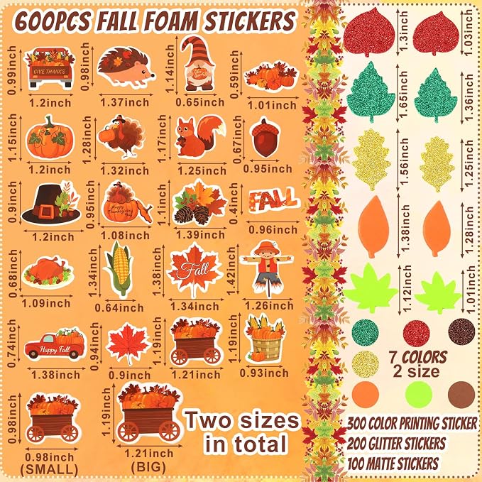 600Pcs Fall Thanksgiving Foam Sticker Glitter Maple Leaf Sticker | Autumn Decals