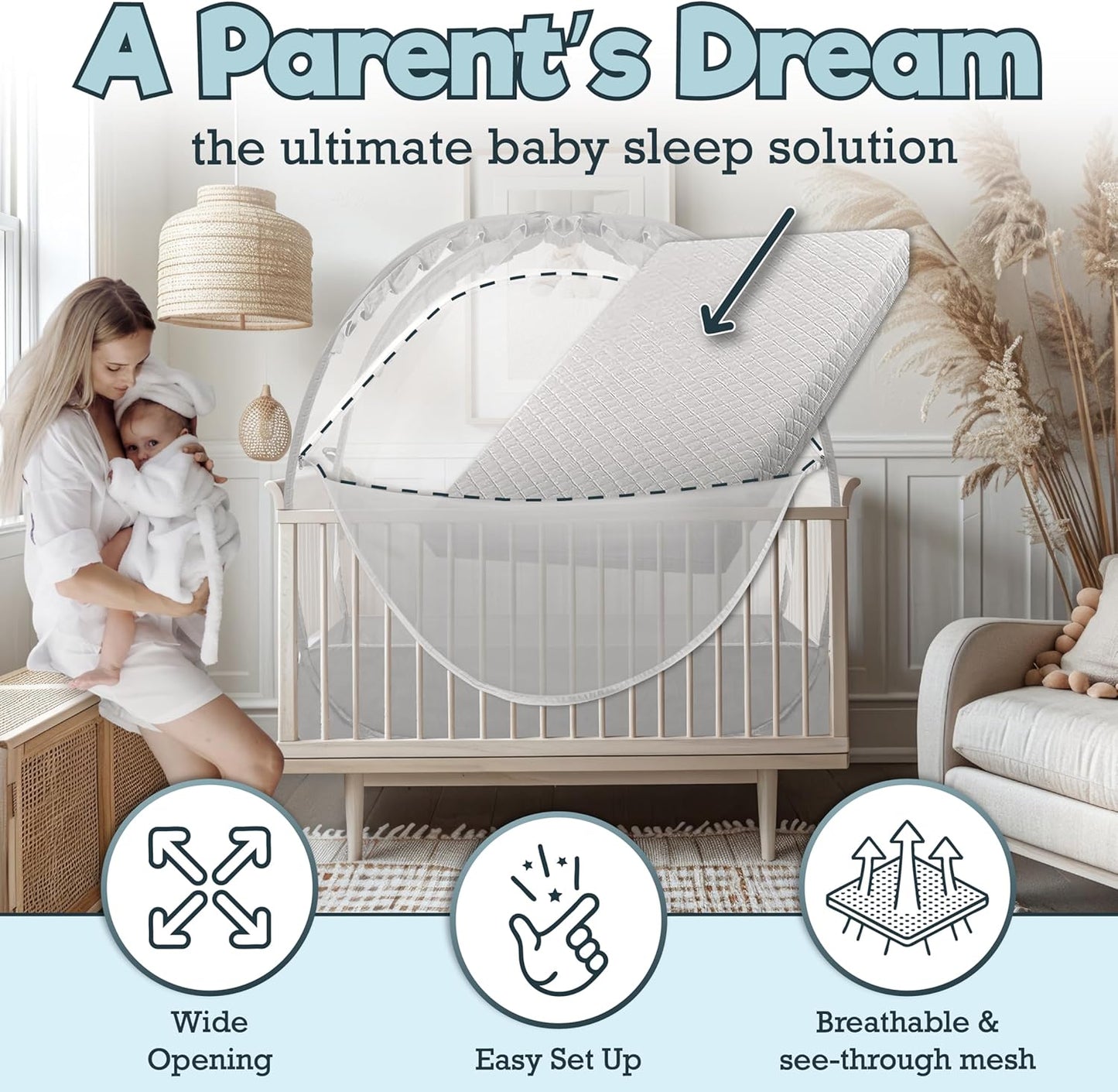 Baby Crib Tent - Toddler Bed Tent w/White Noise Machine, Wide Zipper Opening - Easy Setup Crib Cover w/Glow in The Dark Stickers & Custom Multi Color Light, Breathable Mesh Cribs Net (White)