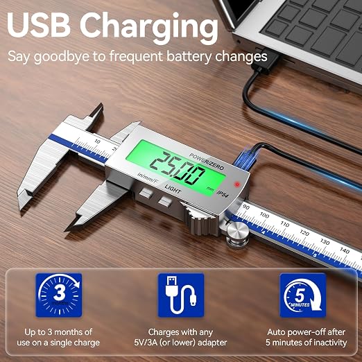 Preciva Backlight Digital Caliper, 6 Inch Rechargeable Electronic Micrometer